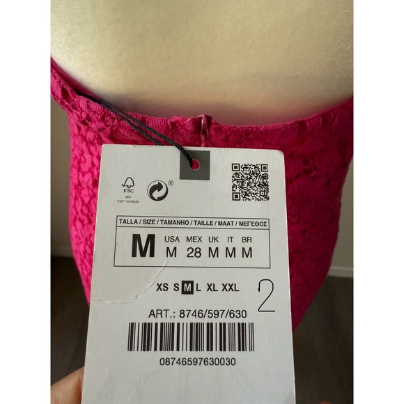 Zara Lace Halter Dress Womens Medium Pink Fuchsia Midi Floral Open Back Pencil - Picture 6 of 16